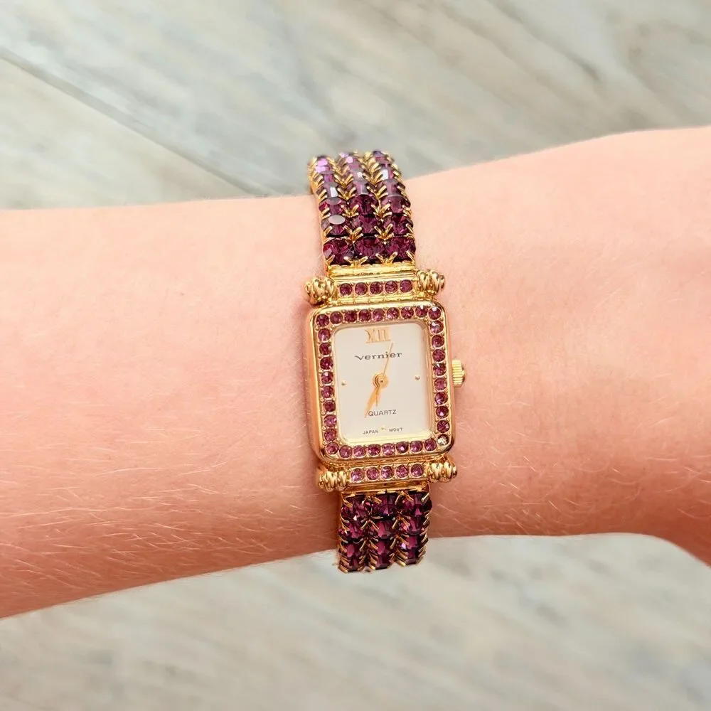 Vintage Vernier Purple Rhinestone Gold Bracelet Watch Y2K Glam Crystal Jewelry